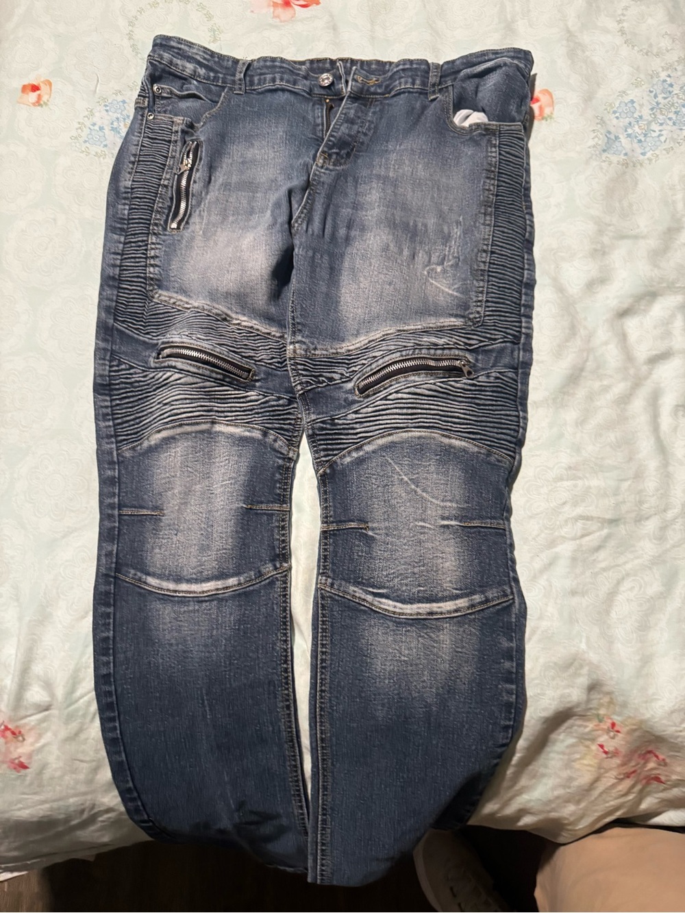 Source Unknown Men's Faded Blue Ribbed Moto Jeans